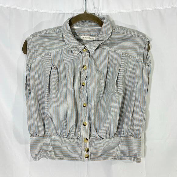 Free People We The Free Cassie Stripe Sleeveless Crop Shirt Blue Tan Medium - Picture 4 of 5